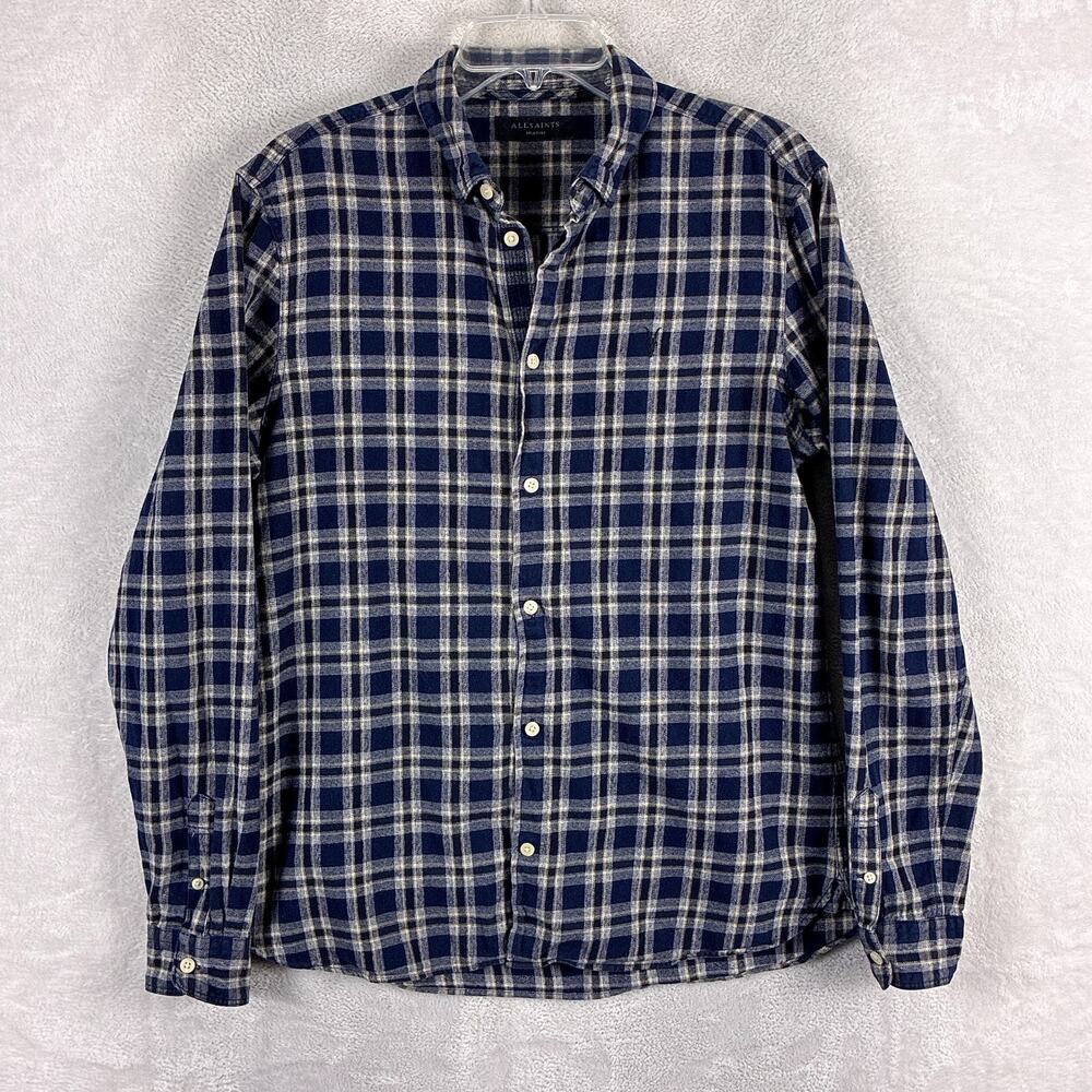 AllSaints Shirt Mens M Navy Gray Plaid Oneida Flannel Preppy Luxury Indie Y2K